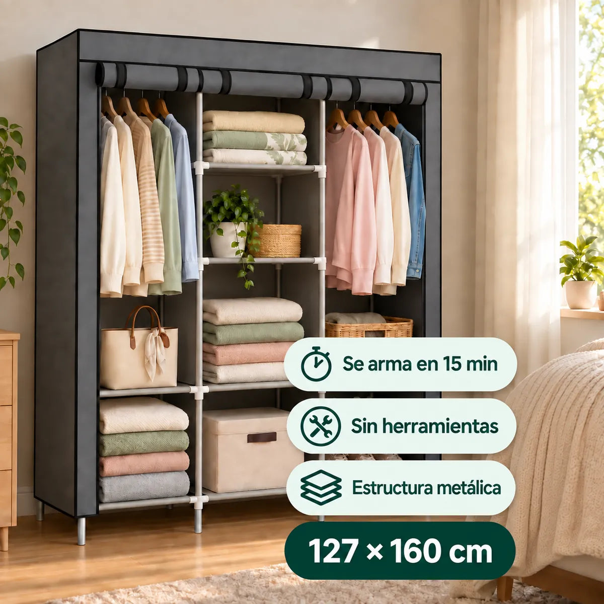 Armario Ropero Placard Portátil · Tela Plegable con Estantes