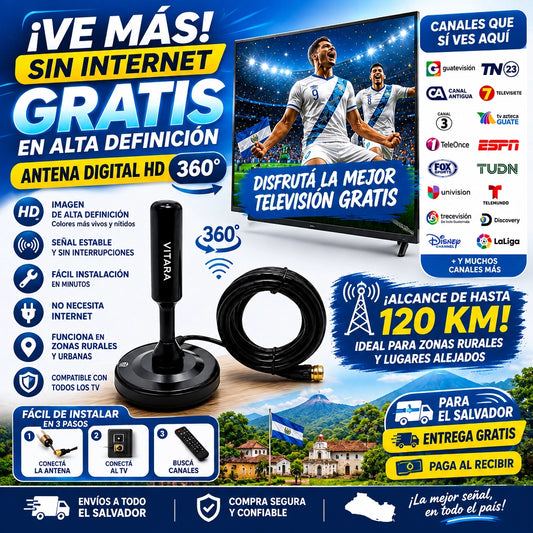 Antena Digital Vitara Ultra HD Omnidireccional 360° Alcance 120 km  [+40 Canales Nacionales en HD Gratis, Sin Internet ni Mensualidad]